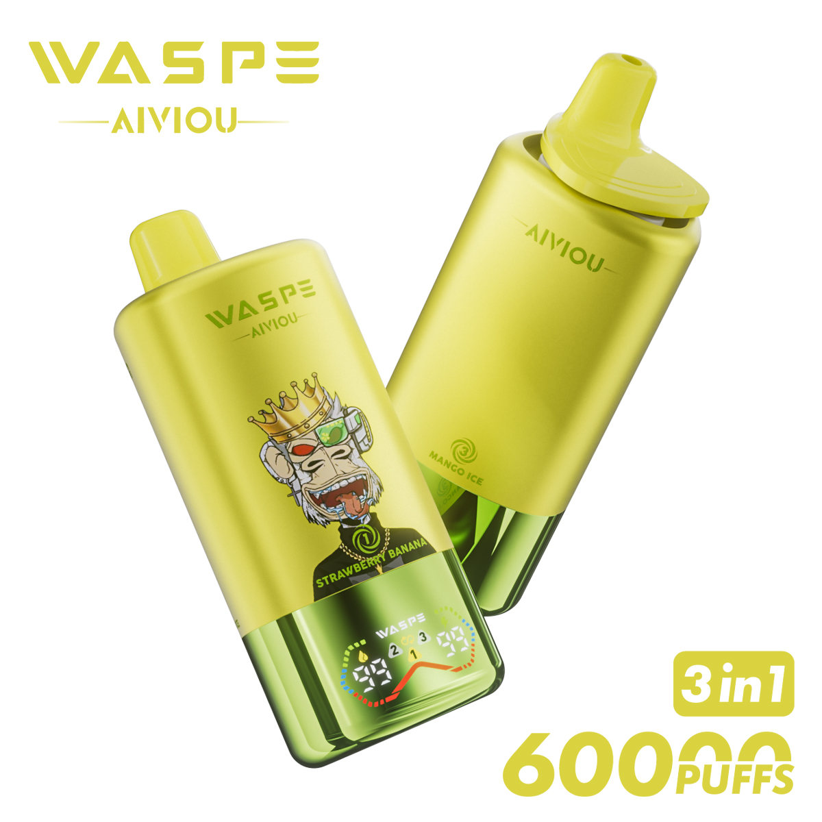 WASPE 3 in 1 60000 PUFFS Triple Flavors LCD Screen Triple Mesh Coil Popular Disposable Vape